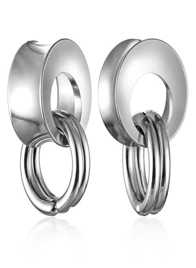 Earblity 1 Pair Hollow gauges with 2 rings 9/16'' (14mm) Ear Tunnels Plugs 316 Stainless Steel Silver Ear Gauges Weight Saddle Plugs Hypoallergenic expander Piercing Body Jewelry - Image 1